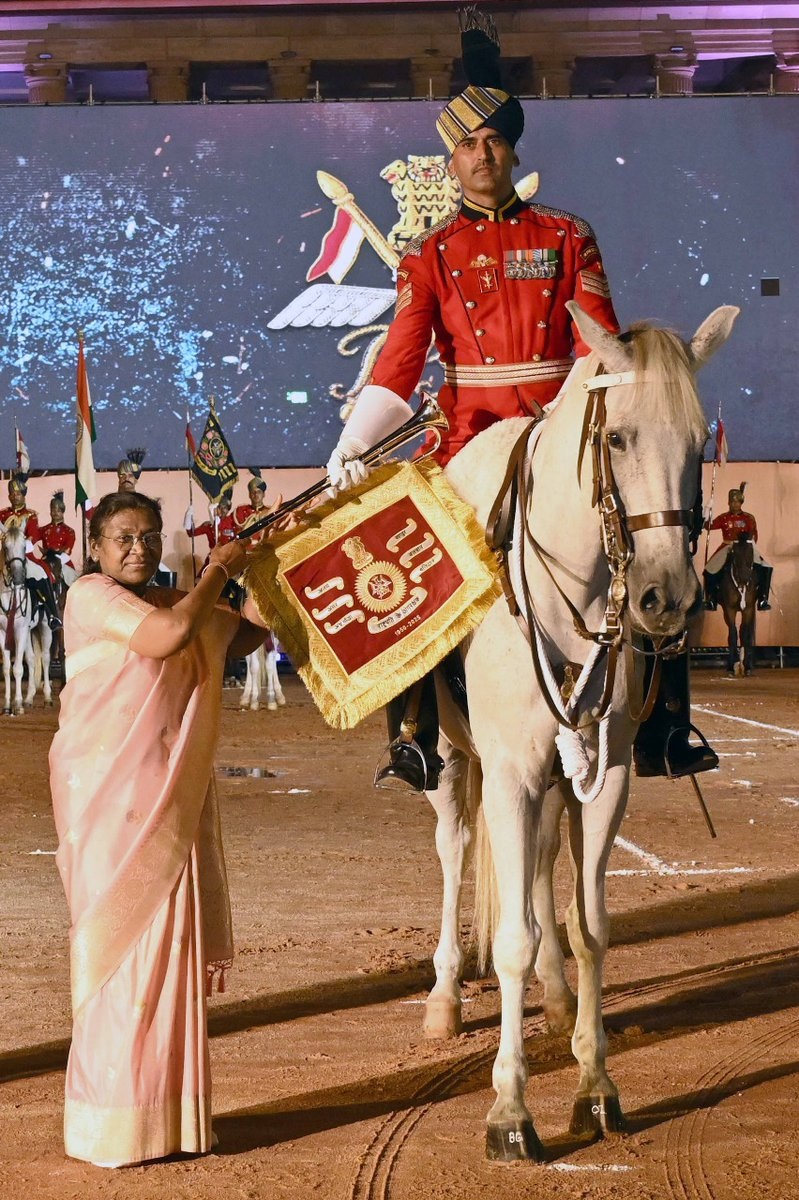 Diamond Jubilee Silver Trumpet and Trumpet Banner presented to the President’s Bodyguard by President Murmu